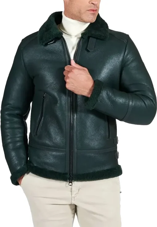 mens-buckle-collar-green-faux-leather-shearling-jacket