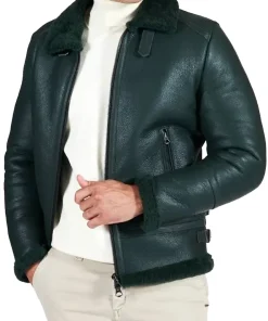 mens-buckle-collar-green-faux-leather-shearling-jacket