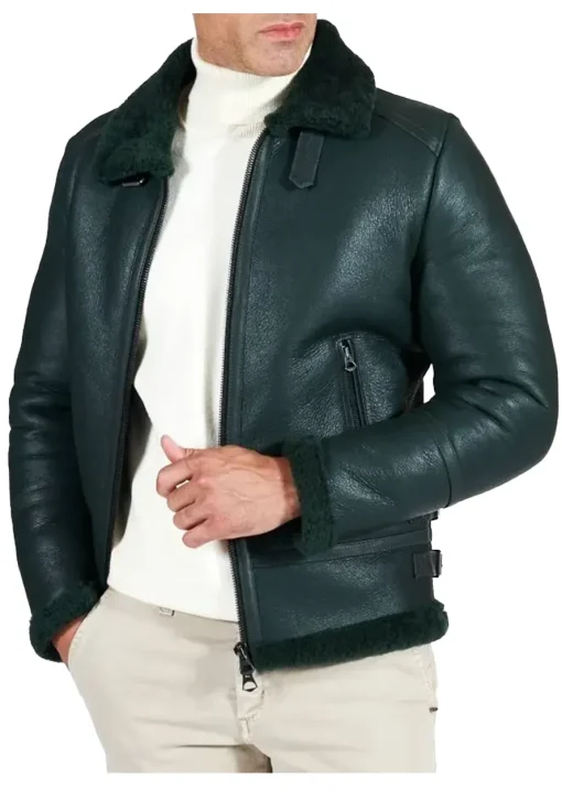 mens-buckle-collar-green-faux-leather-shearling-jacket