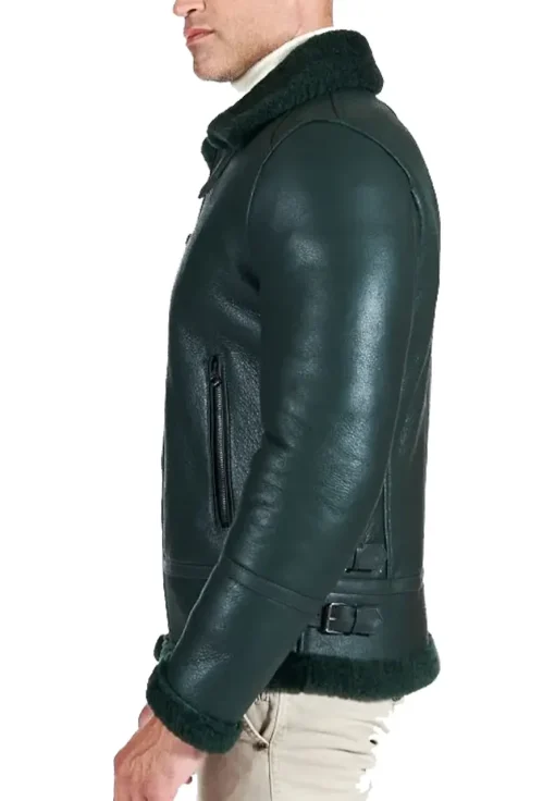 mens-buckle-collar-green-faux-leather-shearling-jacket