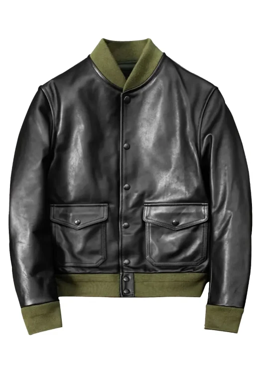 mens-green-rib-black-faux-leather-bomber-jacket