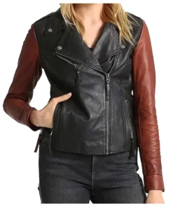 womens-black-faux-leather-biker-jacket-with-brown-sleeves