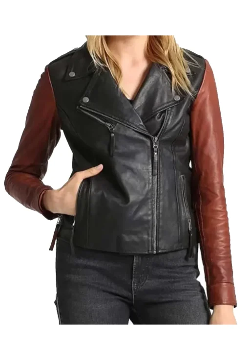 womens-black-faux-leather-biker-jacket-with-brown-sleeves