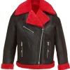 womens-black-faux-leather-red-shearling-jacket