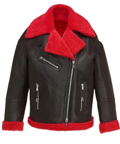womens-black-faux-leather-red-shearling-jacket