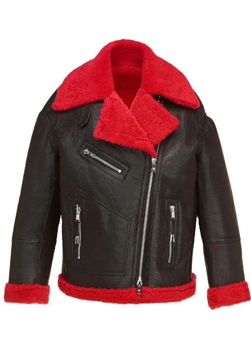 womens-black-faux-leather-red-shearling-jacket