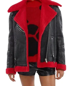 womens-black-faux-leather-red-shearling-jacket