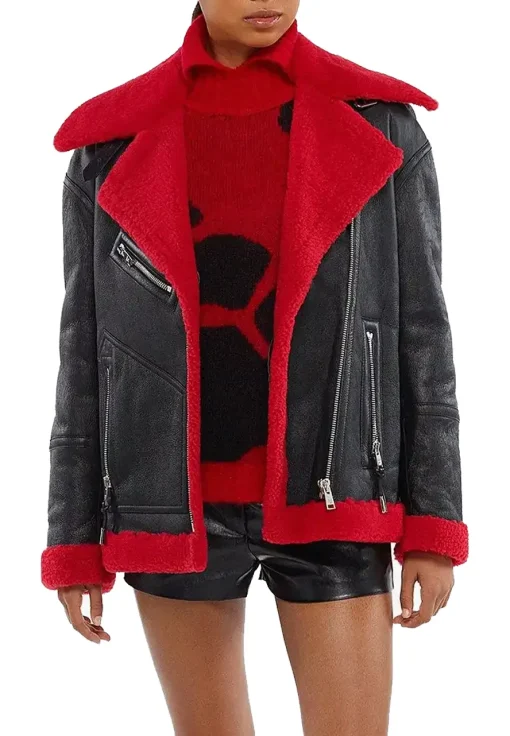 womens-black-faux-leather-red-shearling-jacket