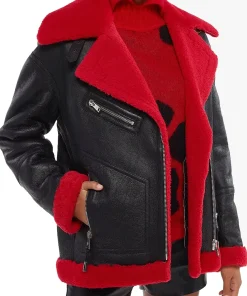 womens-black-faux-leather-red-shearling-jacket