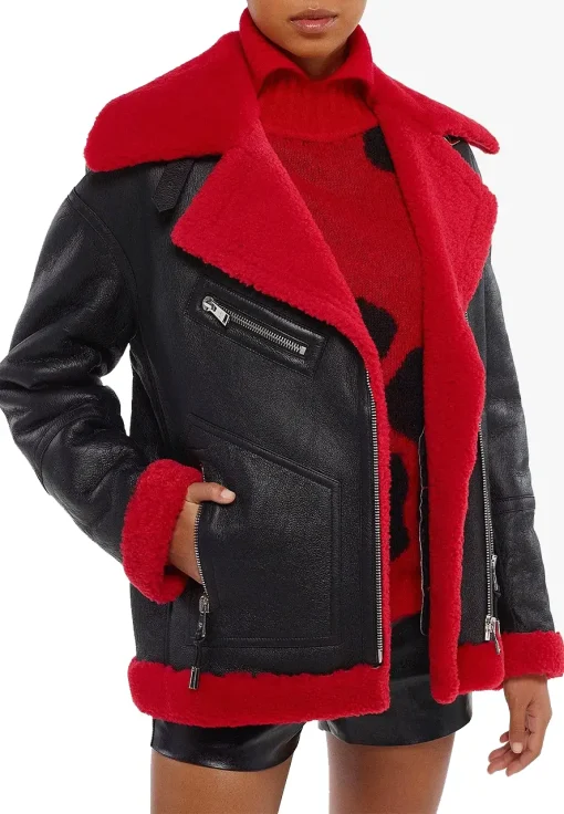 womens-black-faux-leather-red-shearling-jacket