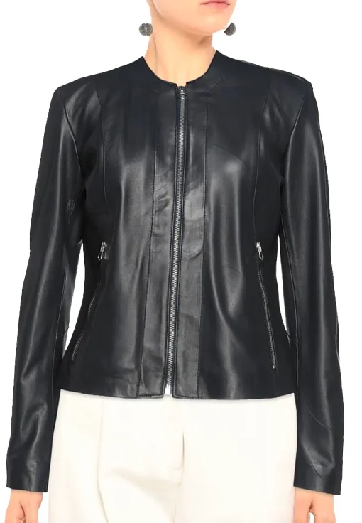 womens-black-round-collar-faux-leather-jacket