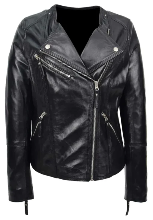 womens-collarless-black-biker-faux-leather-jacket