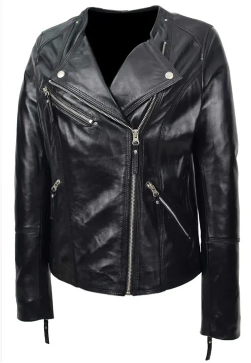 womens-collarless-black-biker-faux-leather-jacket