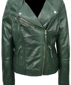 womens-collarless-green-faux-leather-biker-jacket