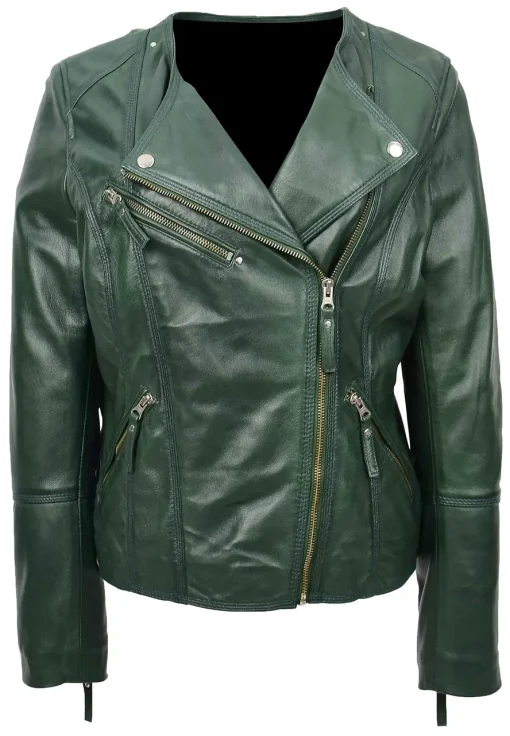womens-collarless-green-faux-leather-biker-jacket