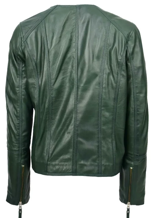 womens-collarless-green-faux-leather-biker-jacket