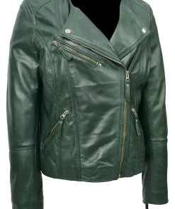 womens-collarless-green-faux-leather-biker-jacket