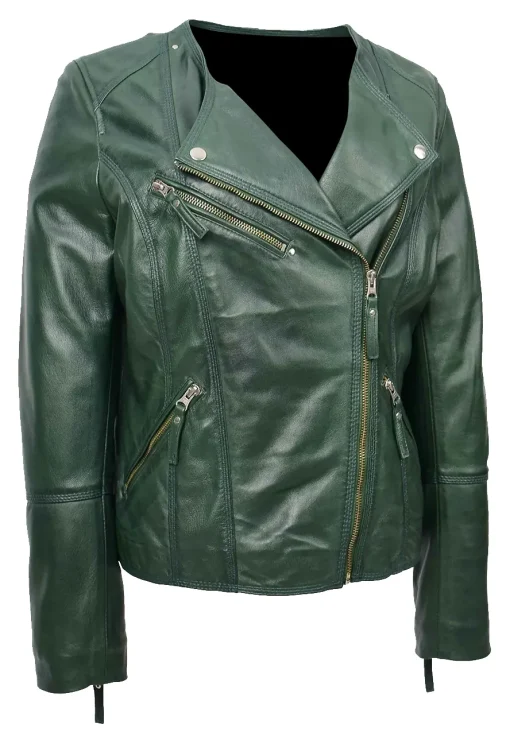 womens-collarless-green-faux-leather-biker-jacket