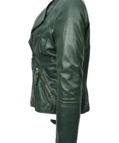 womens-collarless-green-faux-leather-biker-jacket