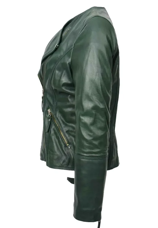 womens-collarless-green-faux-leather-biker-jacket