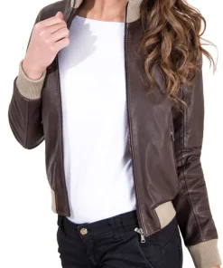 Women's Dark Brown Faux Leather Bomber Jacket 6 womens-dark-brown-faux-leather-bomber-jacket