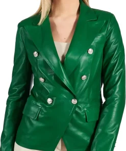 womens-double-breasted-green-faux-leather-blazer