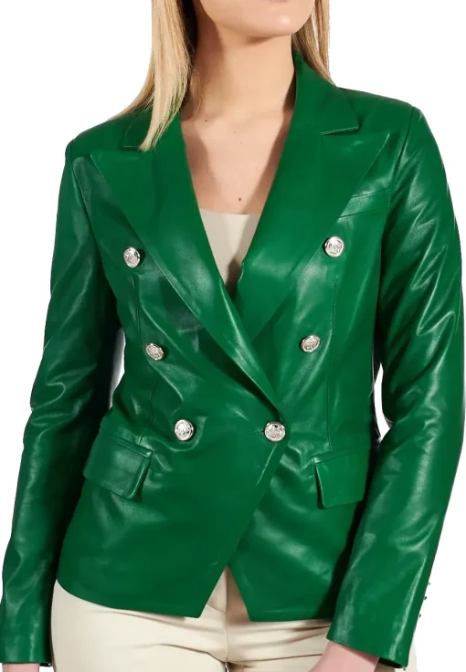 womens-double-breasted-green-faux-leather-blazer