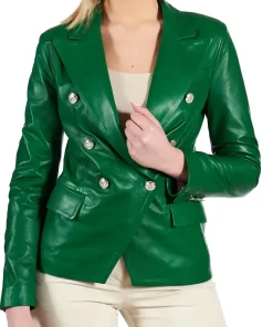 womens-double-breasted-green-faux-leather-blazer