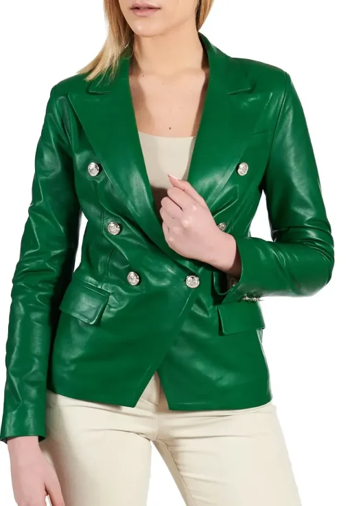 womens-double-breasted-green-faux-leather-blazer