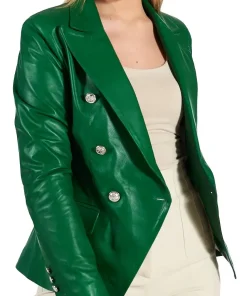 womens-double-breasted-green-faux-leather-blazer
