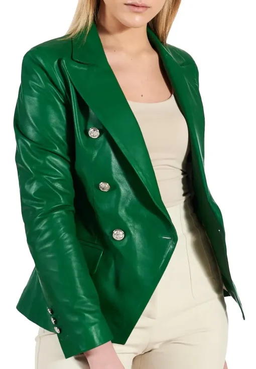womens-double-breasted-green-faux-leather-blazer