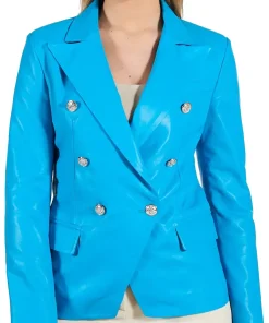 womens-double-breasted-light-blue-faux-leather-blazer