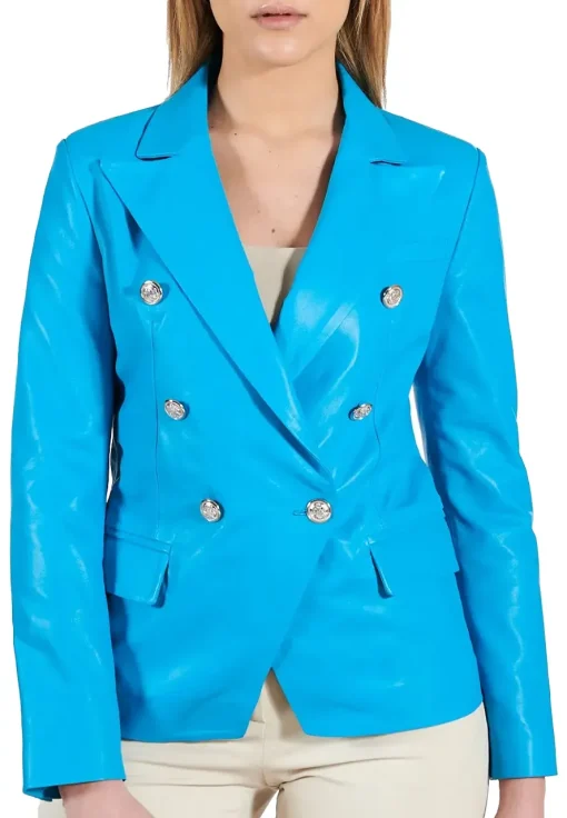 womens-double-breasted-light-blue-faux-leather-blazer