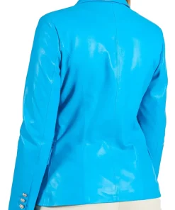 womens-double-breasted-light-blue-faux-leather-blazer