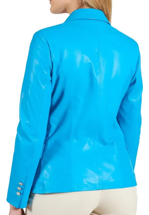 womens-double-breasted-light-blue-faux-leather-blazer