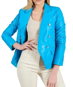 womens-double-breasted-light-blue-faux-leather-blazer