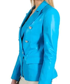womens-double-breasted-light-blue-faux-leather-blazer