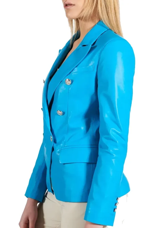 womens-double-breasted-light-blue-faux-leather-blazer