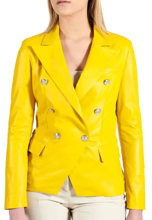 womens-double-breasted-yellow-faux-leather-blazer