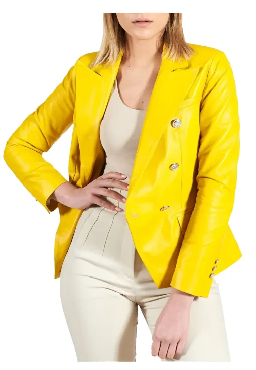 womens-double-breasted-yellow-faux-leather-blazer