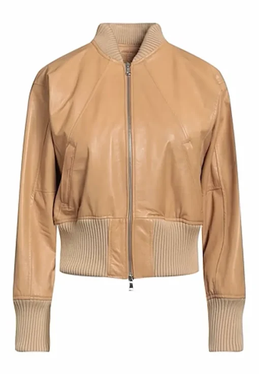 womens-long-sleeves-brown-faux-leather-bomber-jacket