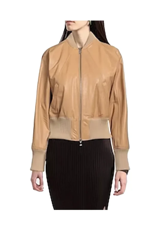 womens-long-sleeves-brown-faux-leather-bomber-jacket