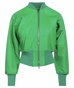 womens-long-sleeves-green-faux-leather-bomber-jacket