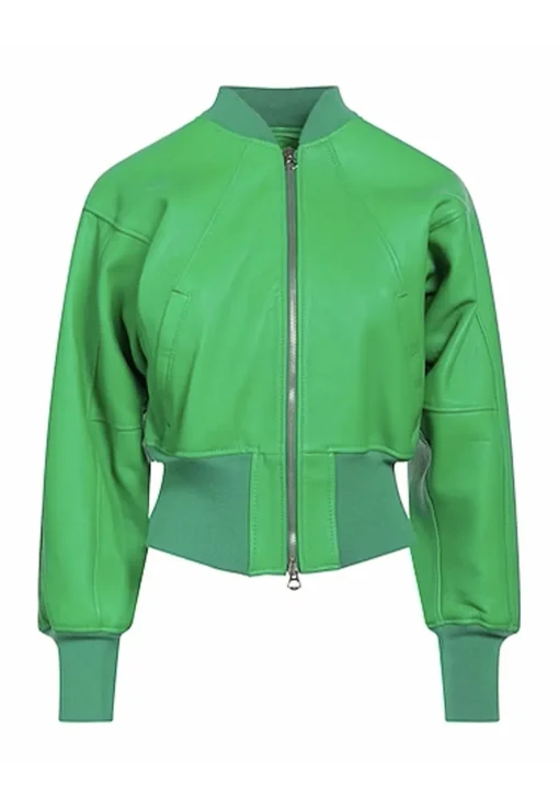 womens-long-sleeves-green-faux-leather-bomber-jacket