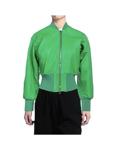 womens-long-sleeves-green-faux-leather-bomber-jacket