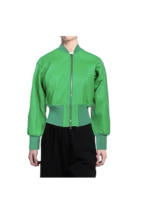 womens-long-sleeves-green-faux-leather-bomber-jacket