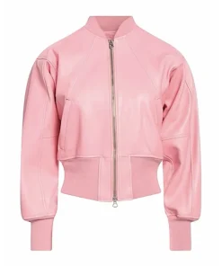 womens-long-sleeves-pink-faux-leather-bomber-jacket