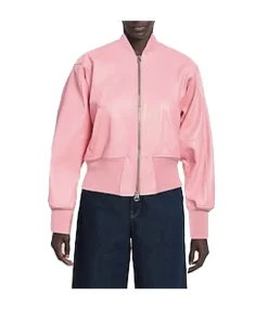 womens-long-sleeves-pink-faux-leather-bomber-jacket