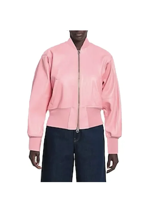 womens-long-sleeves-pink-faux-leather-bomber-jacket