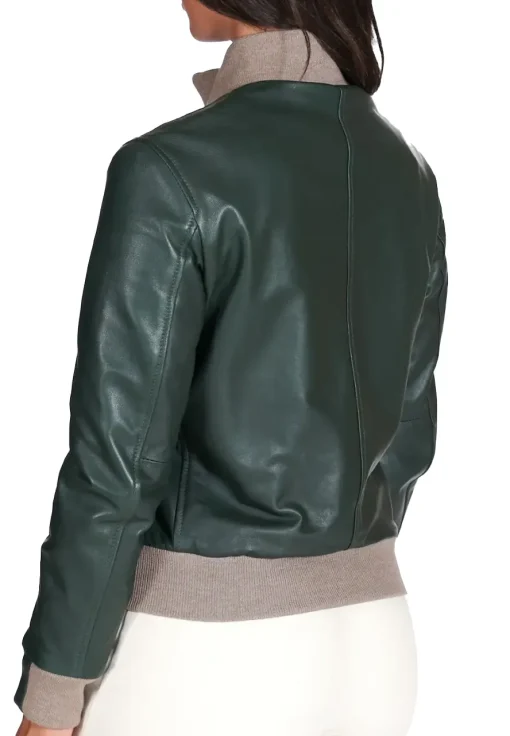 womens-merino-dark-green-faux-leather-bomber-jacket
